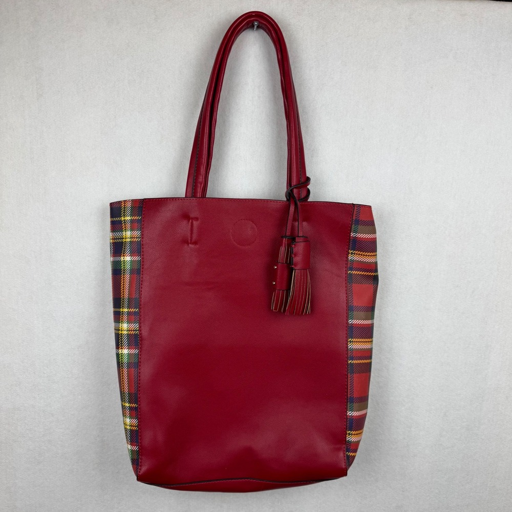 Red Plaid Faux Leather Tote Bag with Detachable Purse and Tassel Charm